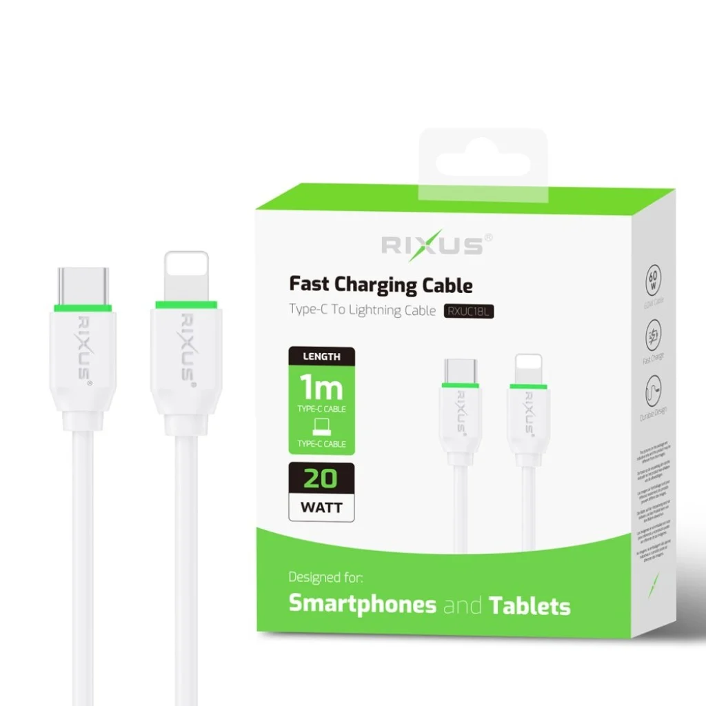 Rixus RXU81C Rapido Charging USB-C To Lightning Connector Cabo Branco
