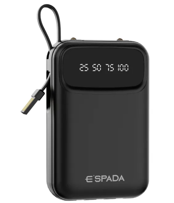 Power Bank E’SPADA BTE-86EF 10000mAh – Compacto, Potente e com Cabos Integrados